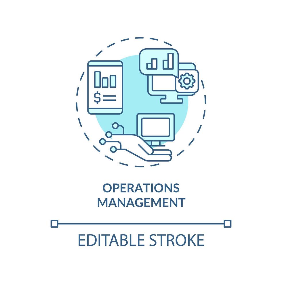 Operations management turquoise concept icon. Examples of automation in business abstract idea thin line illustration. Isolated outline drawing. Editable stroke. Arial, Myriad Pro-Bold fonts used vector