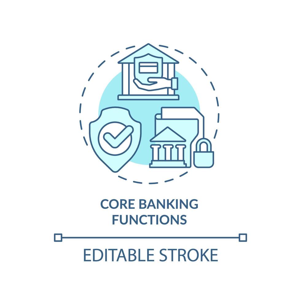 Core banking functions turquoise concept icon. Transactions. Automated banking abstract idea thin line illustration. Isolated outline drawing. Editable stroke. Arial, Myriad Pro-Bold fonts used vector