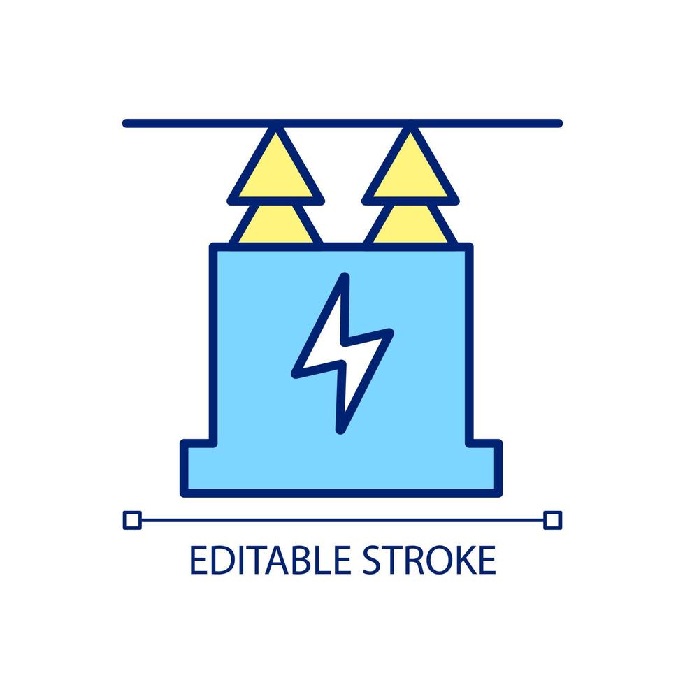 Power transformer blue and yellow RGB color icon. Electricity generating substation equipment. Isolated vector illustration. Simple filled line drawing. Editable stroke. Arial font used