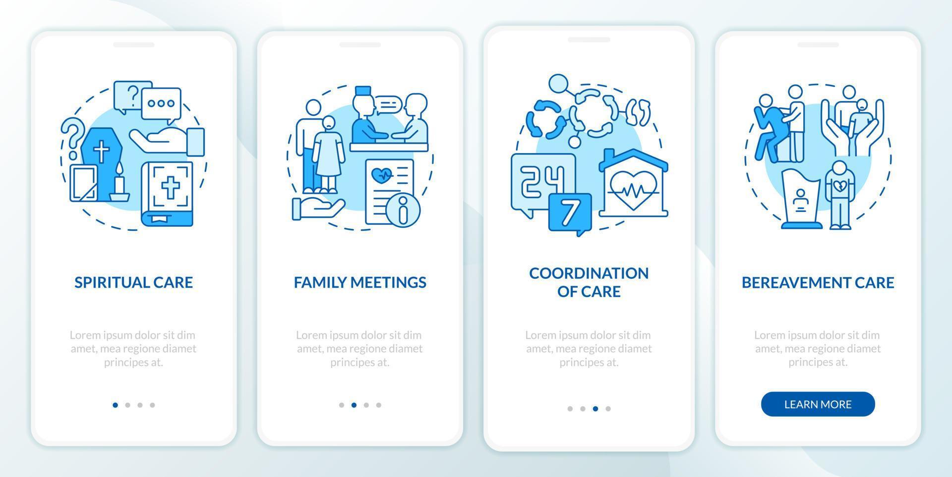 Hospice care blue onboarding mobile app screen. Medical service walkthrough 4 steps graphic instructions pages with linear concepts. UI, UX, GUI template. Myriad Pro-Bold, Regular fonts used vector