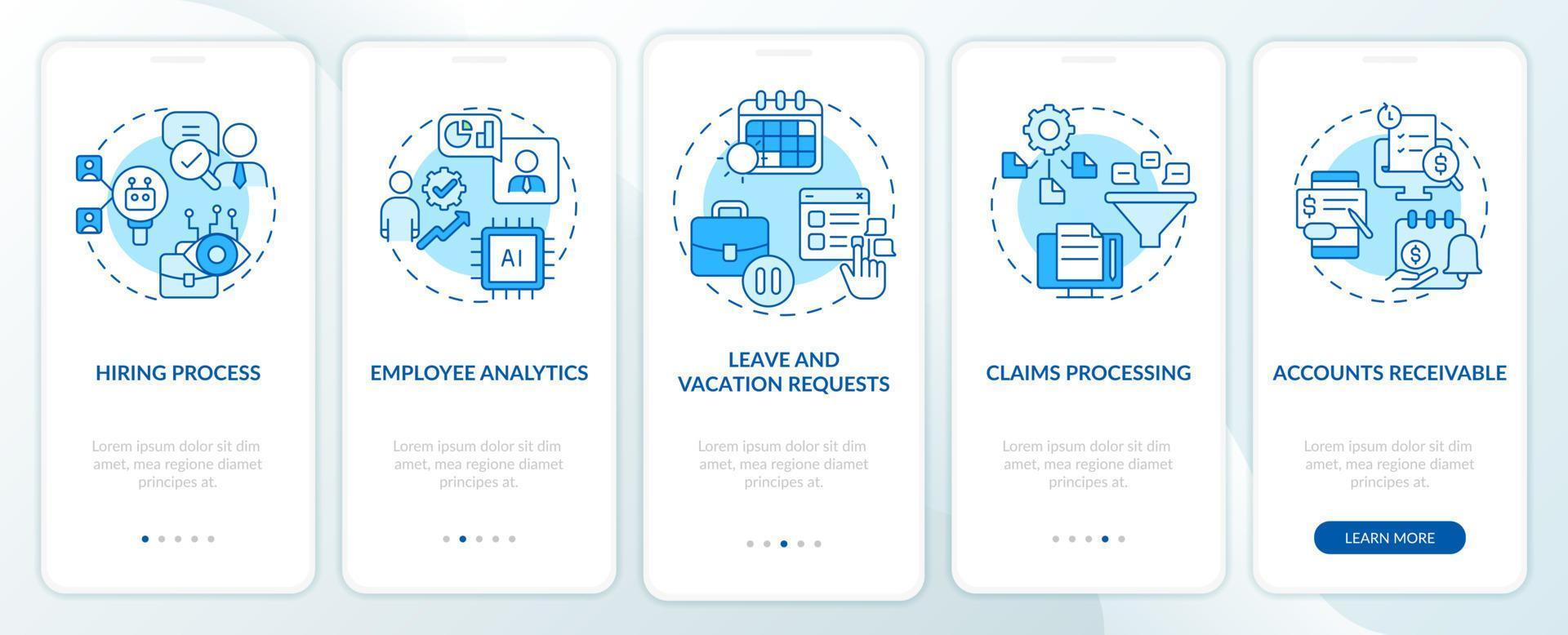Examples of automation in business blue onboarding mobile app screen. Walkthrough 5 steps graphic instructions pages with linear concepts. UI, UX, GUI template. Myriad Pro-Bold, Regular fonts used vector