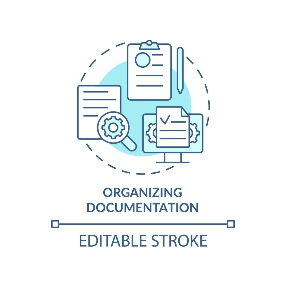 Organizing documentation turquoise concept icon. Benefits of BPA in banking abstract idea thin line illustration. Isolated outline drawing. Editable stroke. Arial, Myriad Pro-Bold fonts used vector