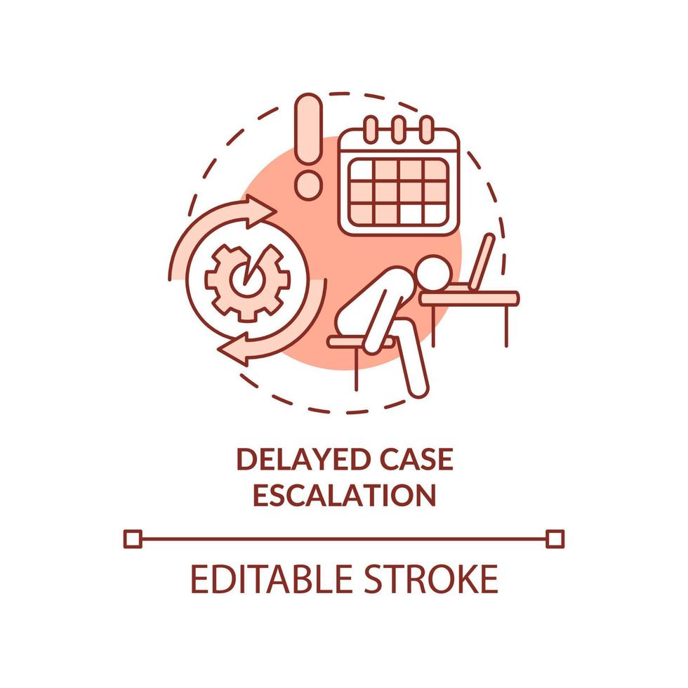 Delayed case escalation red concept icon. Repeatable tasks. BPA challenges abstract idea thin line illustration. Isolated outline drawing. Editable stroke. Arial, Myriad Pro-Bold fonts used vector