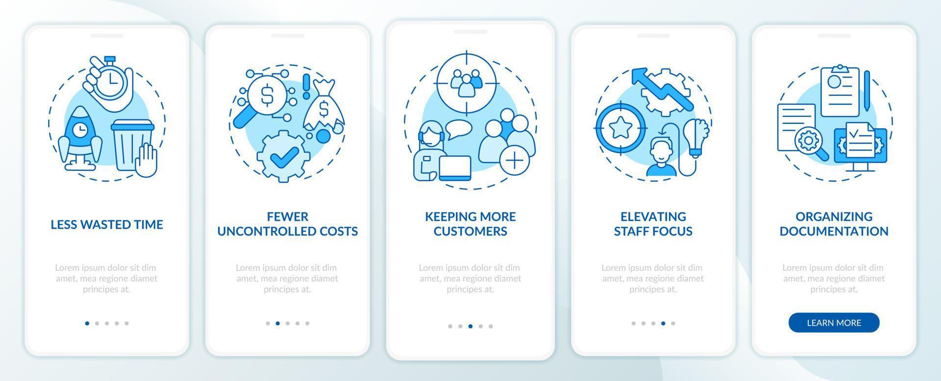 Benefits of BPA in banking blue onboarding mobile app screen. Walkthrough 5 steps graphic instructions pages with linear concepts. UI, UX, GUI template. Myriad Pro-Bold, Regular fonts used vector