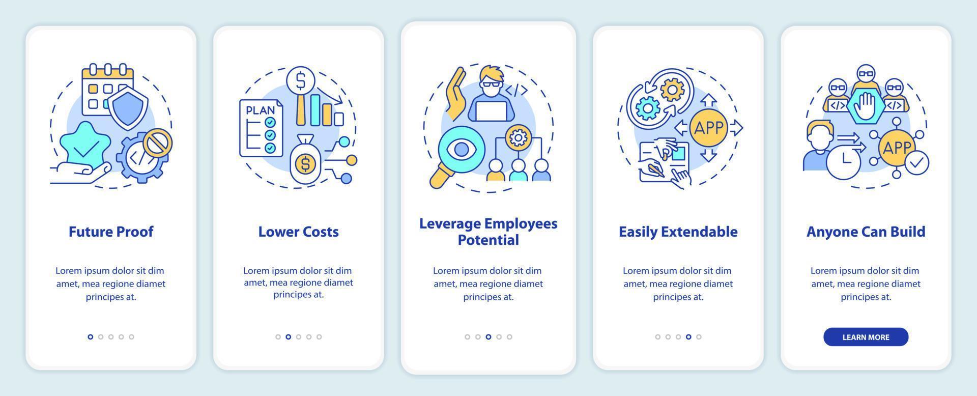 Benefits of no code onboarding mobile app screen. Web 3 0 walkthrough 5 steps graphic instructions pages with linear concepts. UI, UX, GUI template. Myriad Pro-Bold, Regular fonts used vector