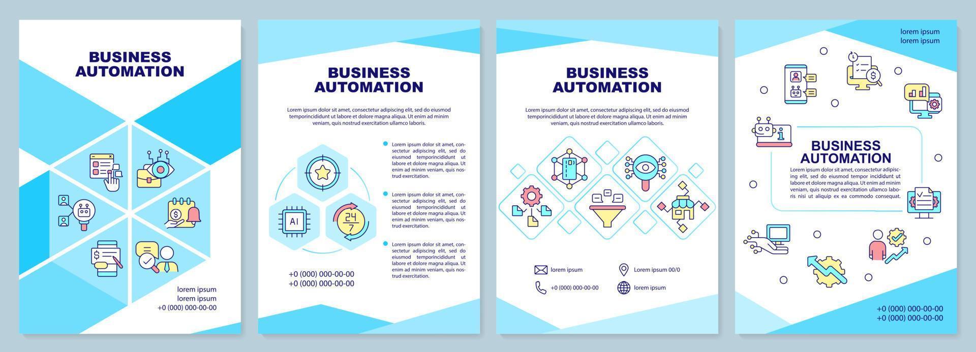 Business automation brochure template. Autonomous operations. Leaflet design with linear icons. 4 vector layouts for presentation, annual reports. Arial-Black, Myriad Pro-Regular fonts used