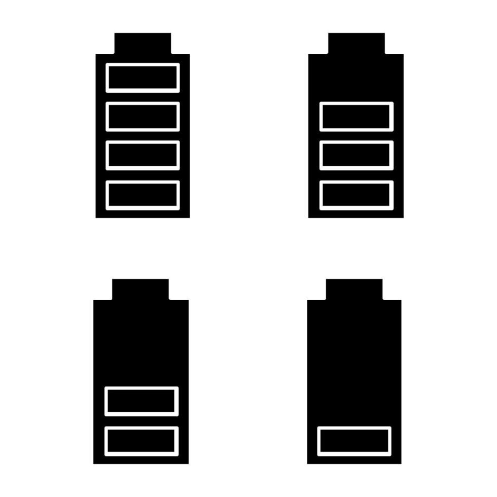 Battery charging glyph icons set. Battery level indicators. Low, middle and high charge. Silhouette symbols. Vector isolated illustration