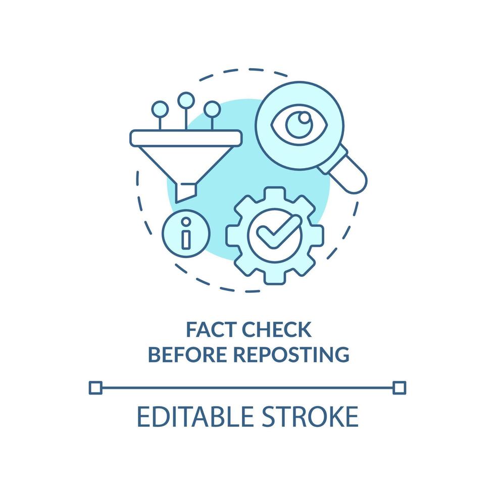 verificación de hechos antes de volver a publicar el icono del concepto turquesa. comunicación en línea. netiqueta idea abstracta ilustración de línea delgada. dibujo de contorno aislado. trazo editable. vector