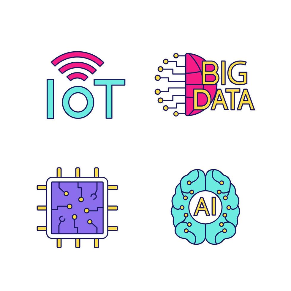 Artificial intelligence color icons set. Neural network. Neurotechnology. Internet of things, big data, chip, AI. Isolated vector illustrations