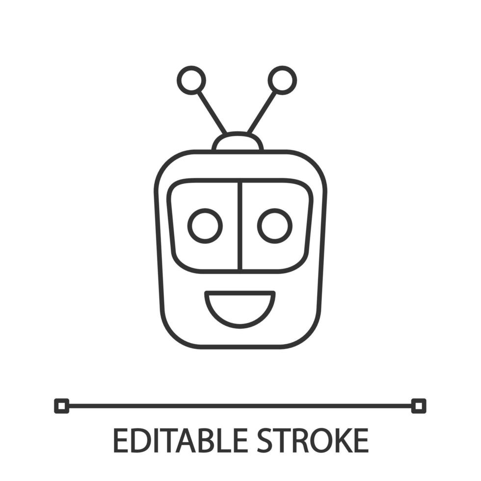 Chatbot linear icon. Thin line illustration. Modern robot. Square head laughing chat bot. Virtual assistant. Conversational agent. Contour symbol. Vector isolated outline drawing. Editable stroke
