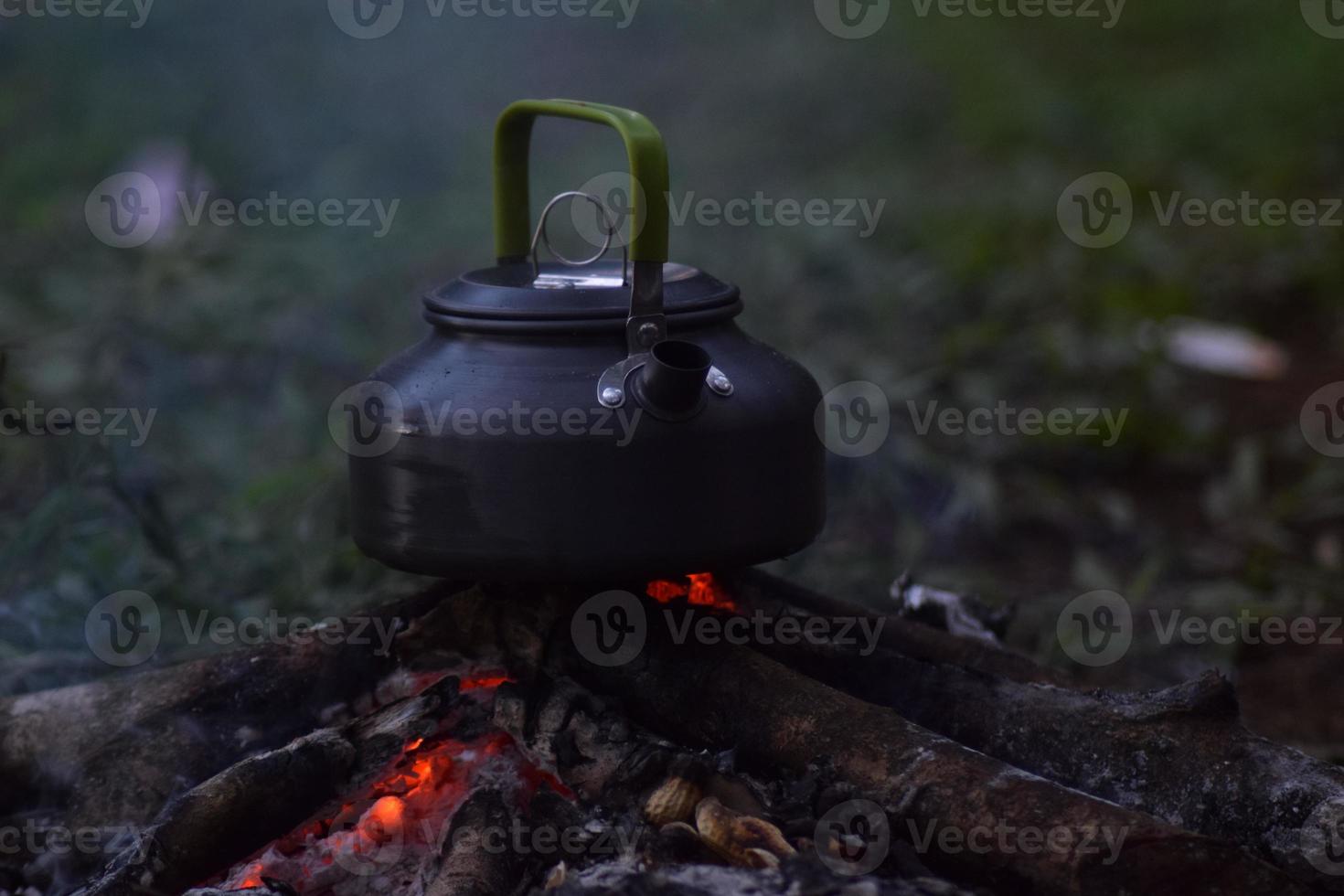 Tea Kettle on Open Fire. Tea in the Camping Stock Image - Image of