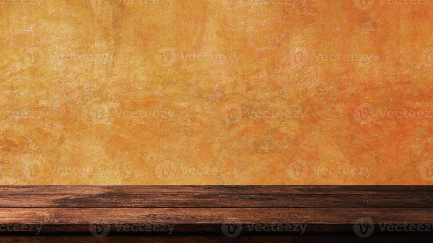 Empty wooden table with old cement wall background. Kitchen mock up for design. photo