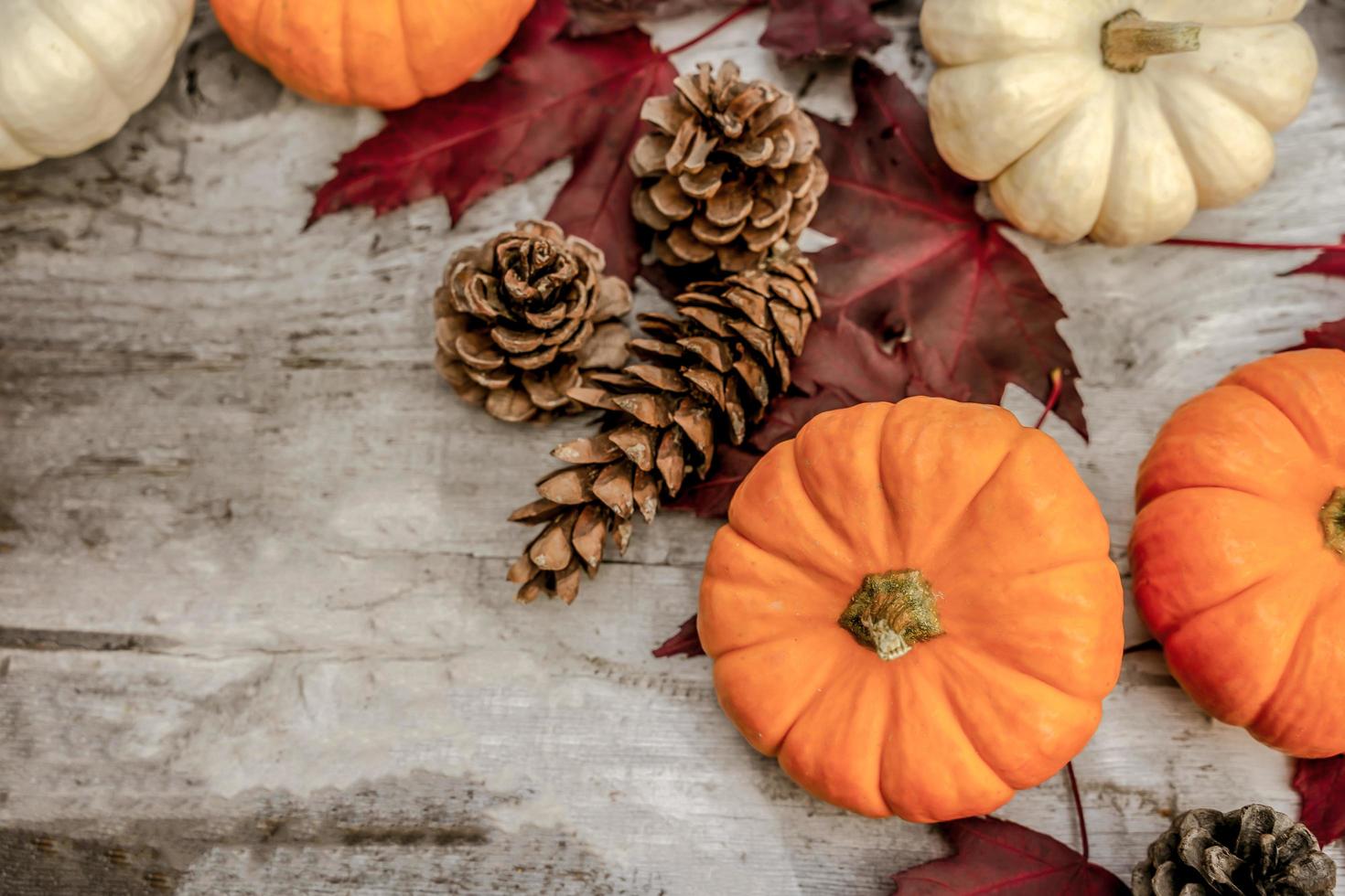 Festive autumn decor from pumpkins, pine and leaves on a  wooden background. Concept of Thanksgiving day or Halloween. Flat lay autumn composition with copy space. photo