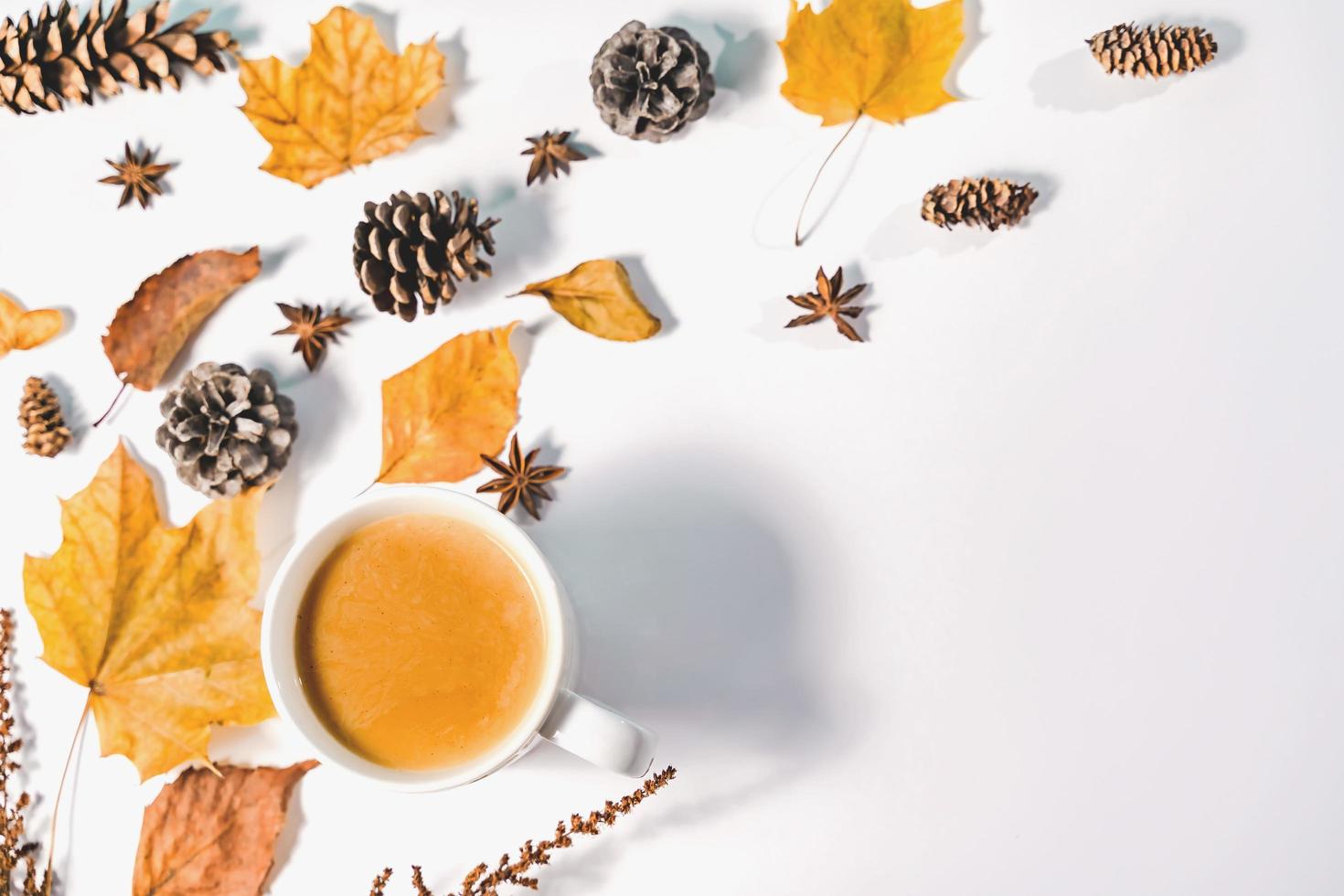 Autumn composition. Cup of coffee, autumn leaves , cinnamon sticks and anise stars on Bright Blue pastel  background. Flat lay, top view copy space. photo