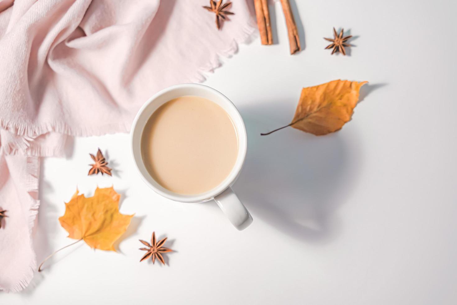 concepto de otoño o invierno con hojas de pino y arce, taza de café, canela y bufanda, puesta plana, vista superior. foto