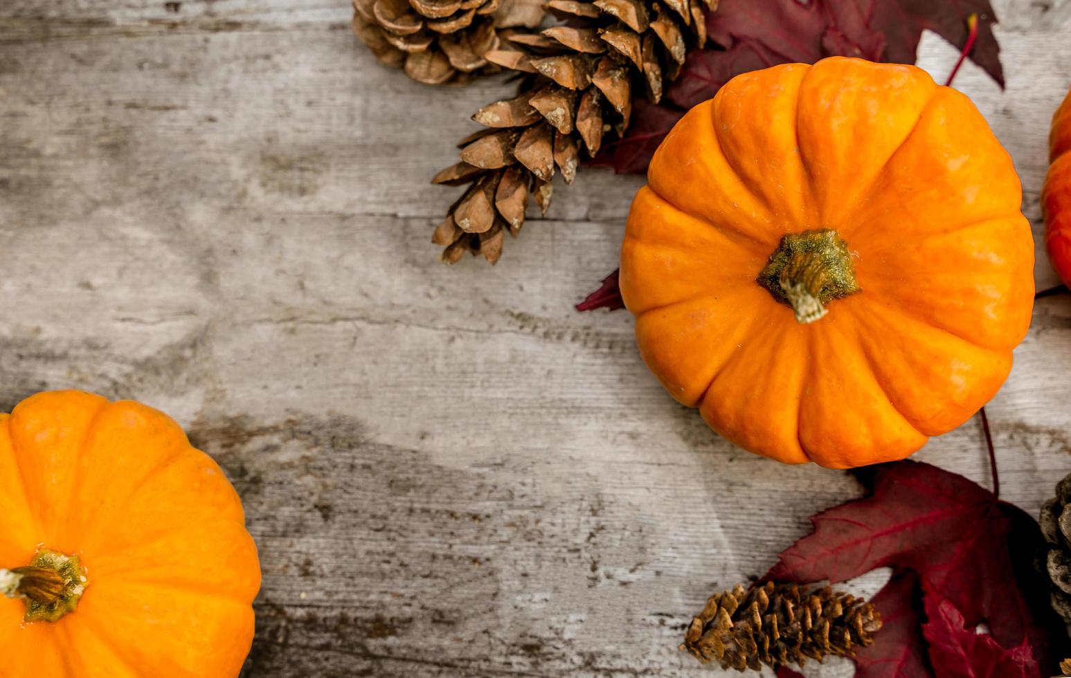 Festive autumn decor from pumpkins, pine and leaves on a  wooden background. Concept of Thanksgiving day or Halloween. Flat lay autumn composition with copy space. photo