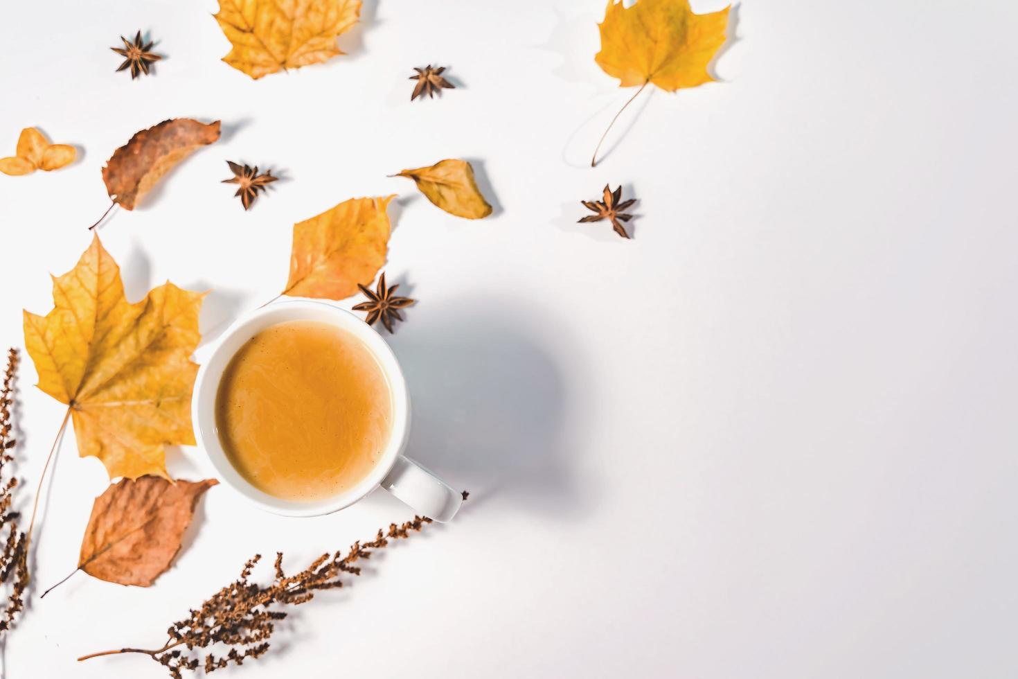 Autumn composition. Cup of coffee, autumn leaves , cinnamon sticks and anise stars on Bright Blue pastel  background. Flat lay, top view copy space. photo