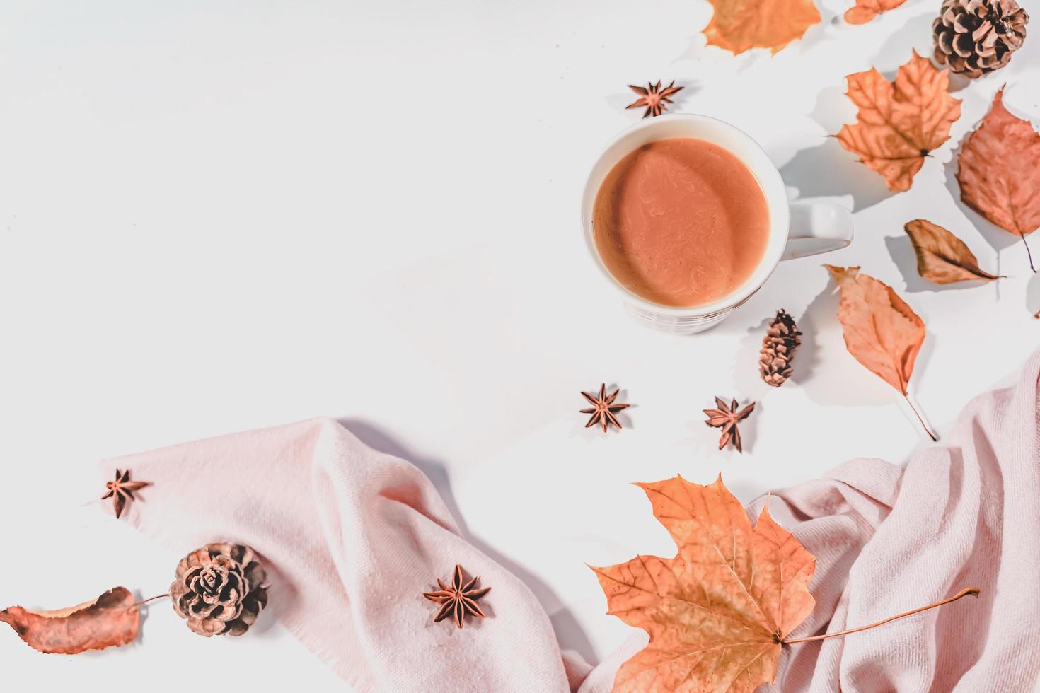 Autumn or Winter concept with pine and maple leaves, coffee cup , cinnamon, and scarf, Flat lay, top view. photo