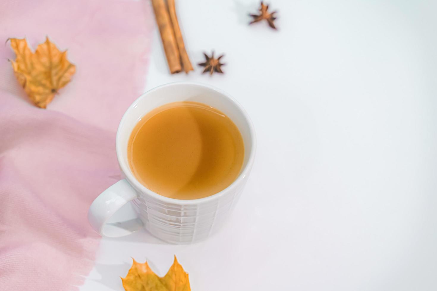 Autumn or Winter concept with pine and maple leaves, coffee cup , cinnamon, and scarf, Flat lay, top view. photo