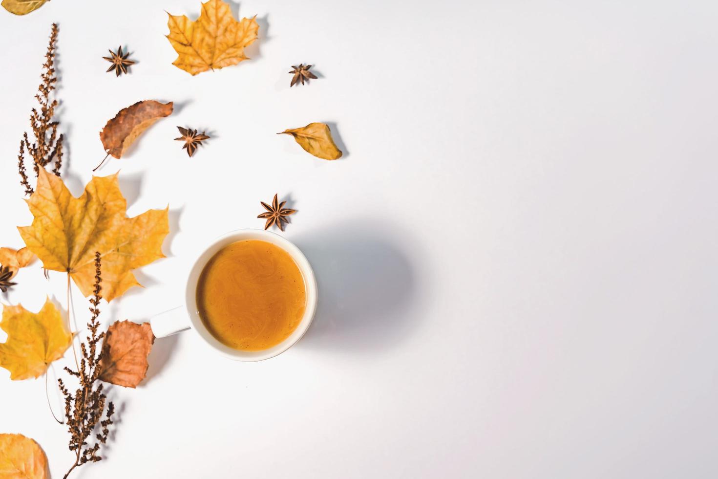 Autumn composition. Cup of coffee, autumn leaves , cinnamon sticks and anise stars on Bright Blue pastel  background. Flat lay, top view copy space. photo