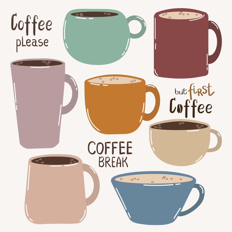 A set of different coffee mugs and inscriptions about coffee in a flat style vector