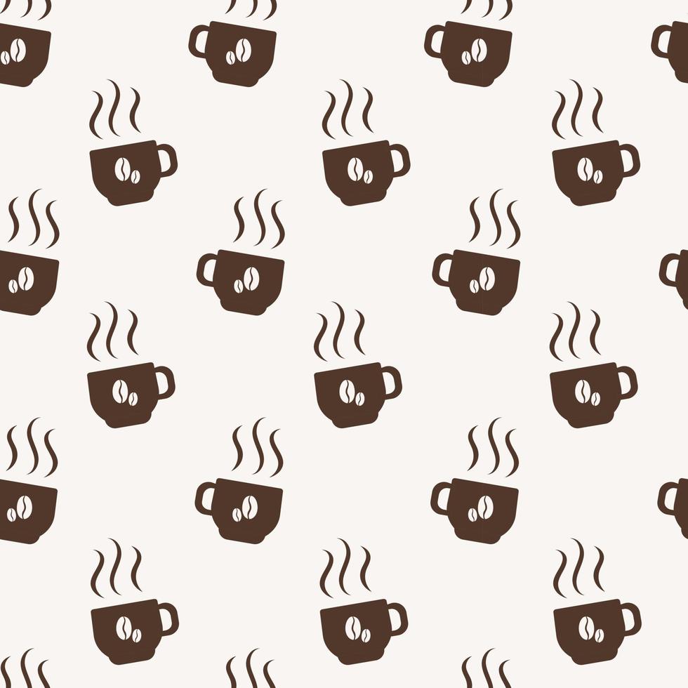 Seamless pattern with brown cups, vapor and coffee beans on beige background in flat style. vector