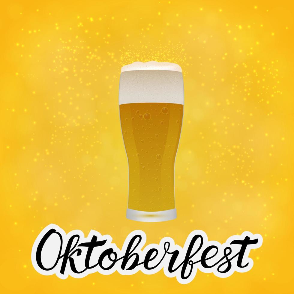 Realistic glass of beer on bright yellow orange background and hand drawn lettering Oktoberfest. Lager beer froth and bubbles. Pub or bar vector illustration.