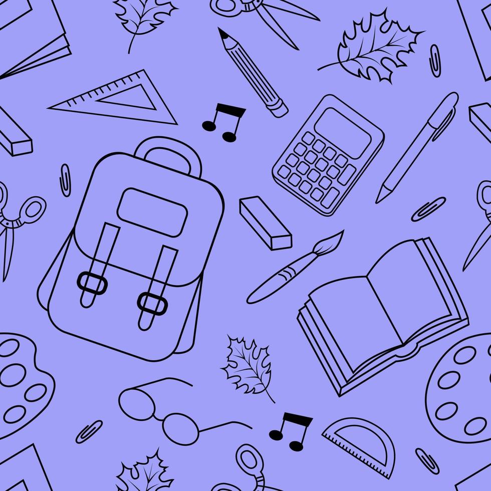 Vector seamless pattern with school supplies. School supplies. Backpack, brush, scissors, rulers, erasers, pencils. It is used for children's posters, packaging, textiles, web design, postcards.