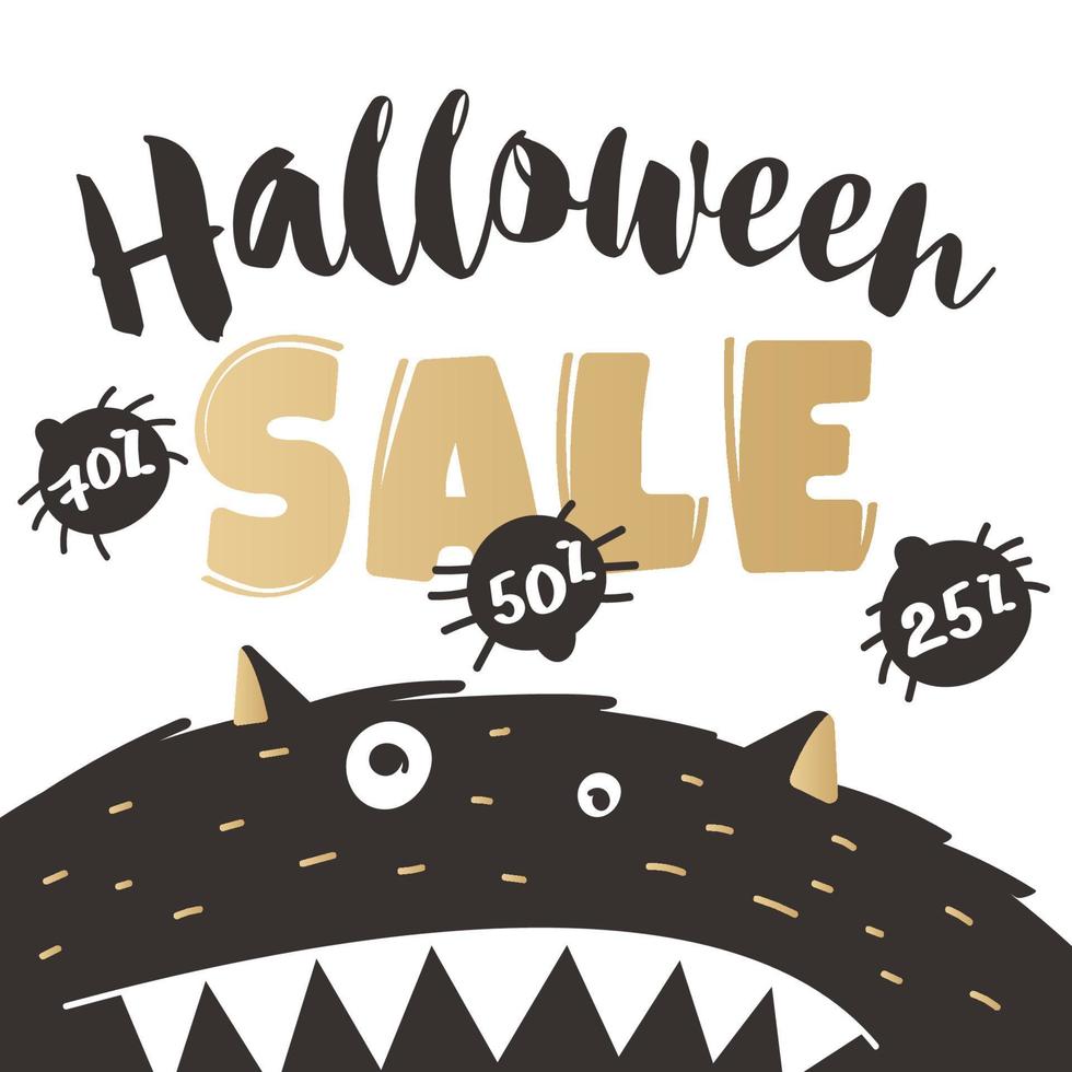 Halloween poster for sale in hand drawn style with a black monster in black and gold colors vector