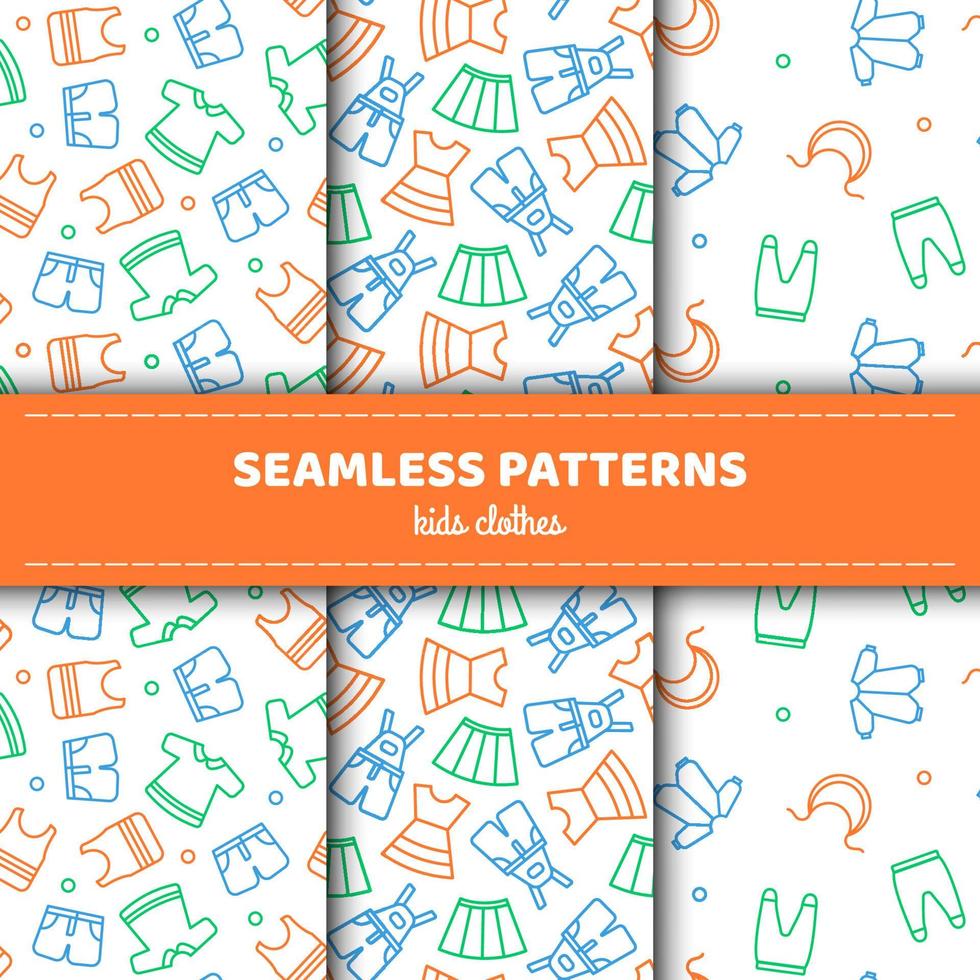 A set of seamless patterns with children's clothes. Vector illustration in a linear style.