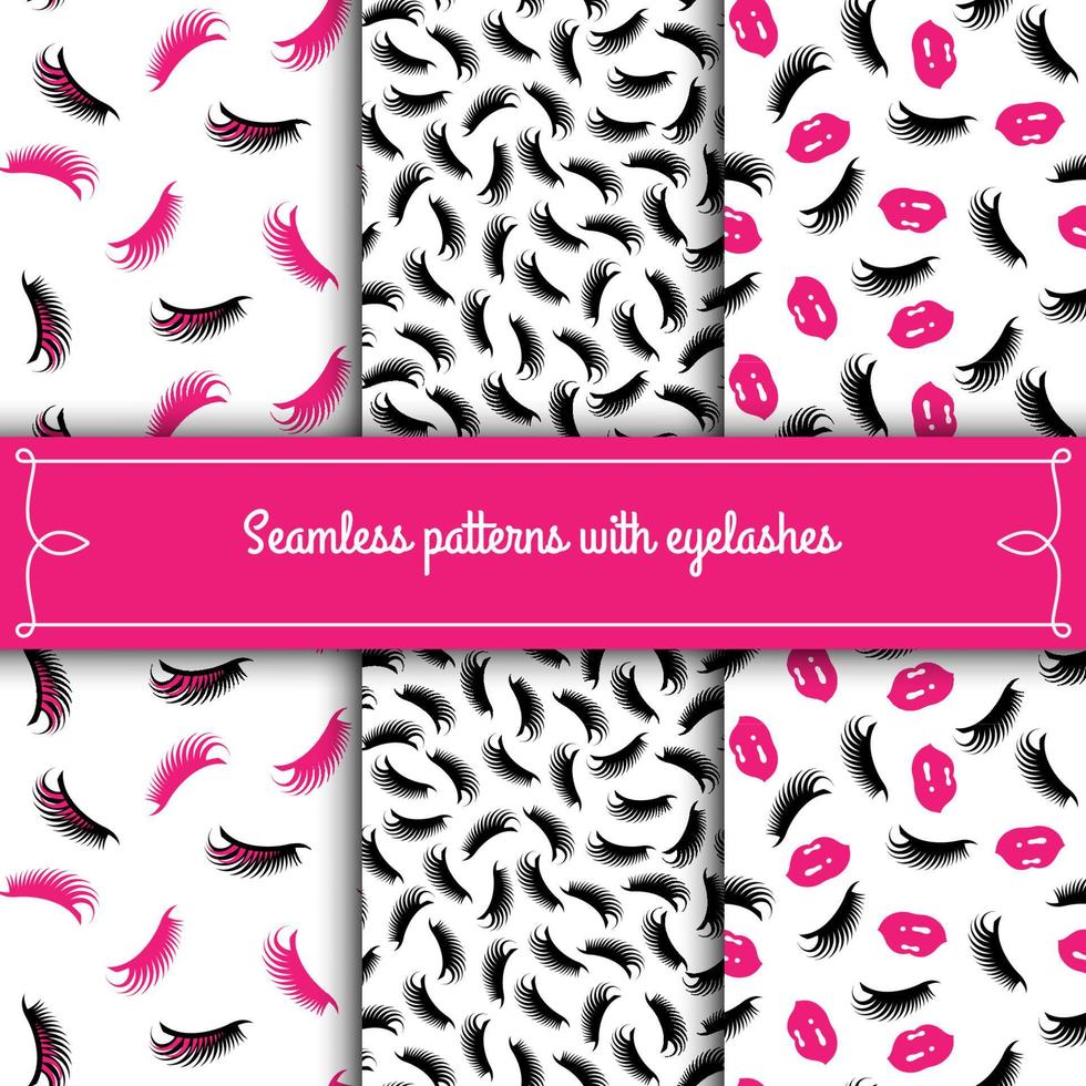Set of seamless patterns with eyelashes. The element of the corporate style of salon eyelash extensions. Vector template packaging design beauty products