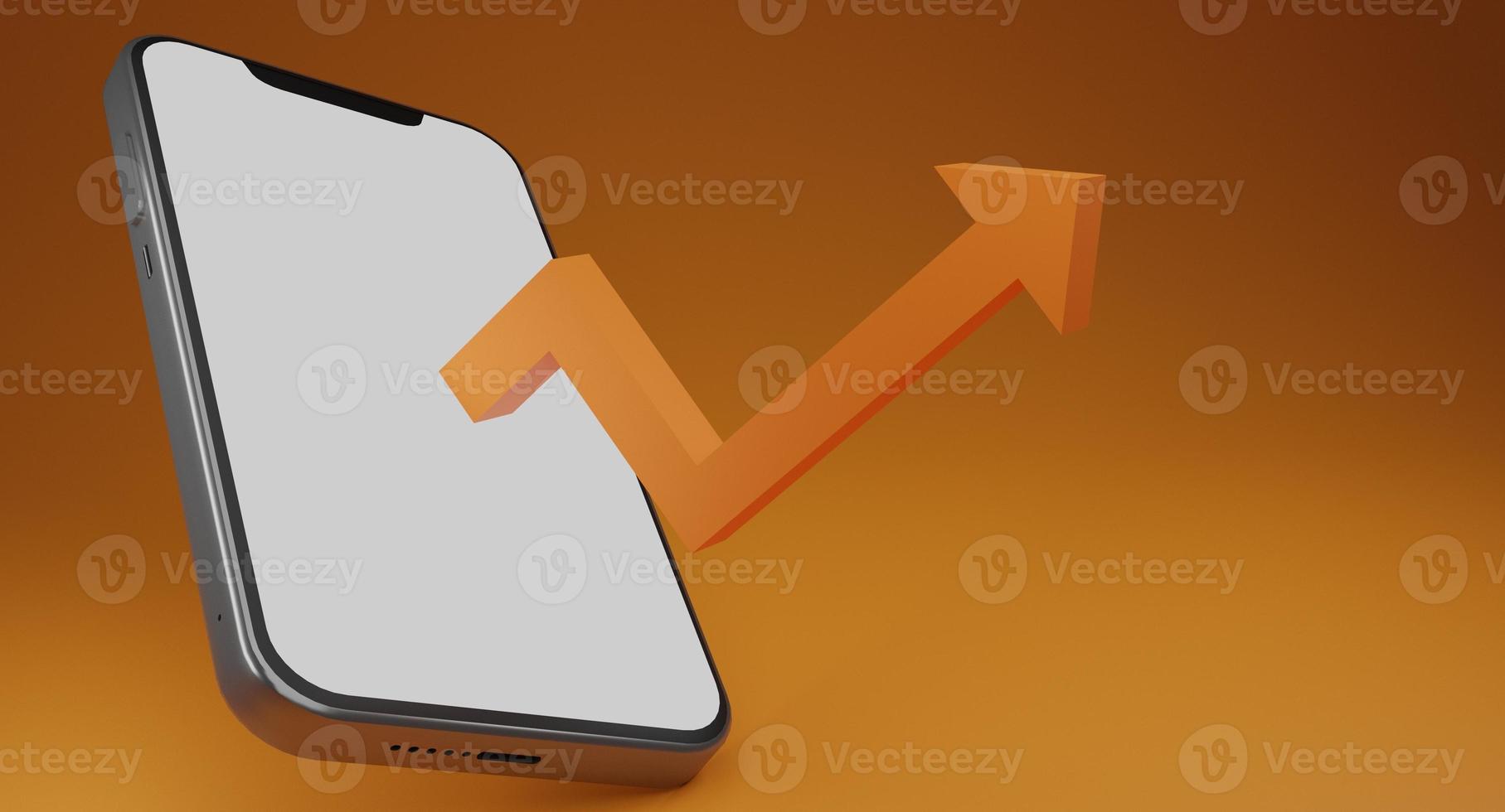 Smartphone blank display with Arrows up surround by coins.business finance growth statistics trading.online stock market trading with mobile phone.3d render illustration. photo