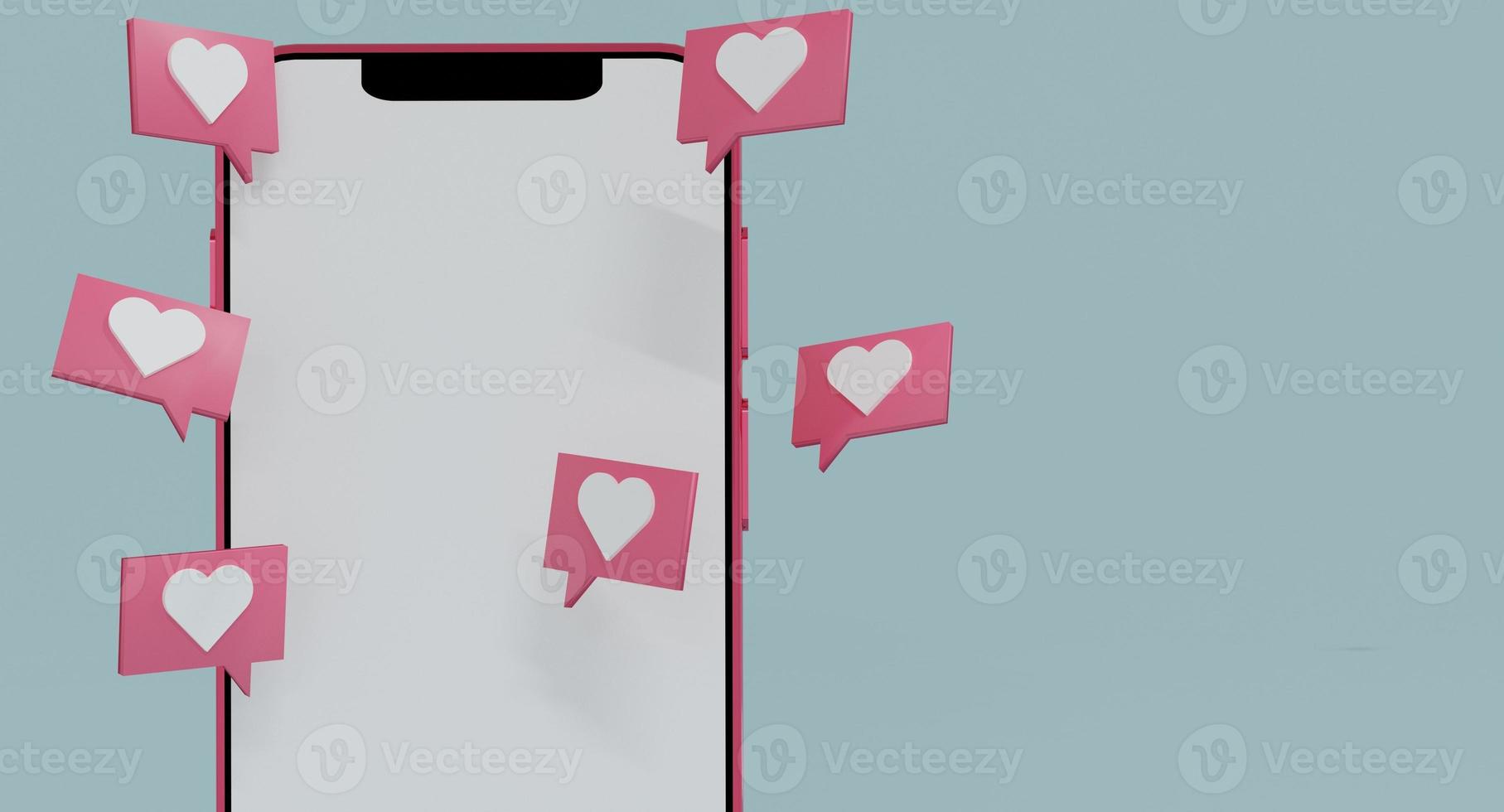 Smartphone with blank display with Heart icon on different angle,Love message icon,Valentine day concept.3d render illustration. photo