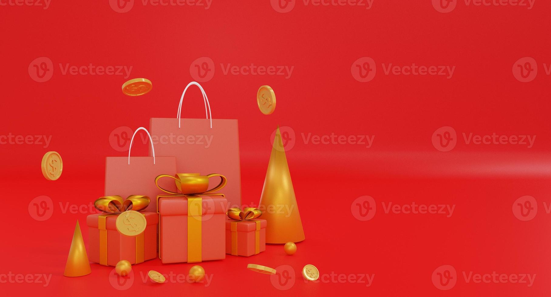 caja de regalo y bolsa de compras banner de compras. diseño de plantilla para redes sociales y sitio web. diseño de año nuevo y navidad. banner de vacaciones, póster, tarjeta de felicitación. Ilustración de procesamiento 3d. foto