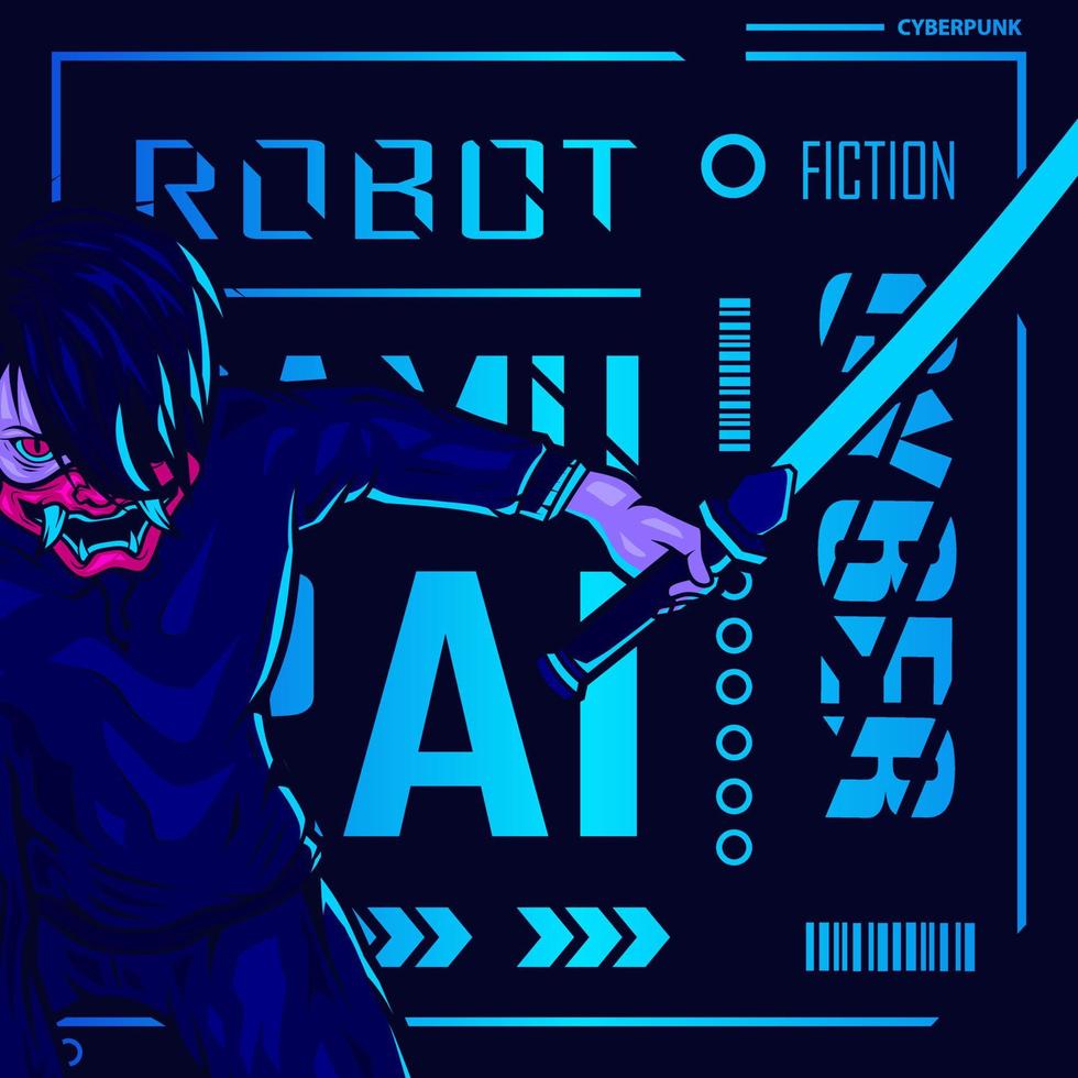 vector de personaje de ficción ciberpunk héroe samurai. ilustración de diseño de camiseta colorida.