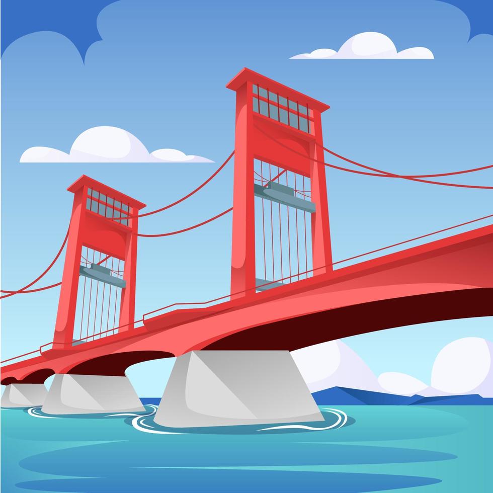 AMPERA Bridge in South Sumatra Indonesia. famous landmark building in sunset landscape concept in cartoon illustration vector