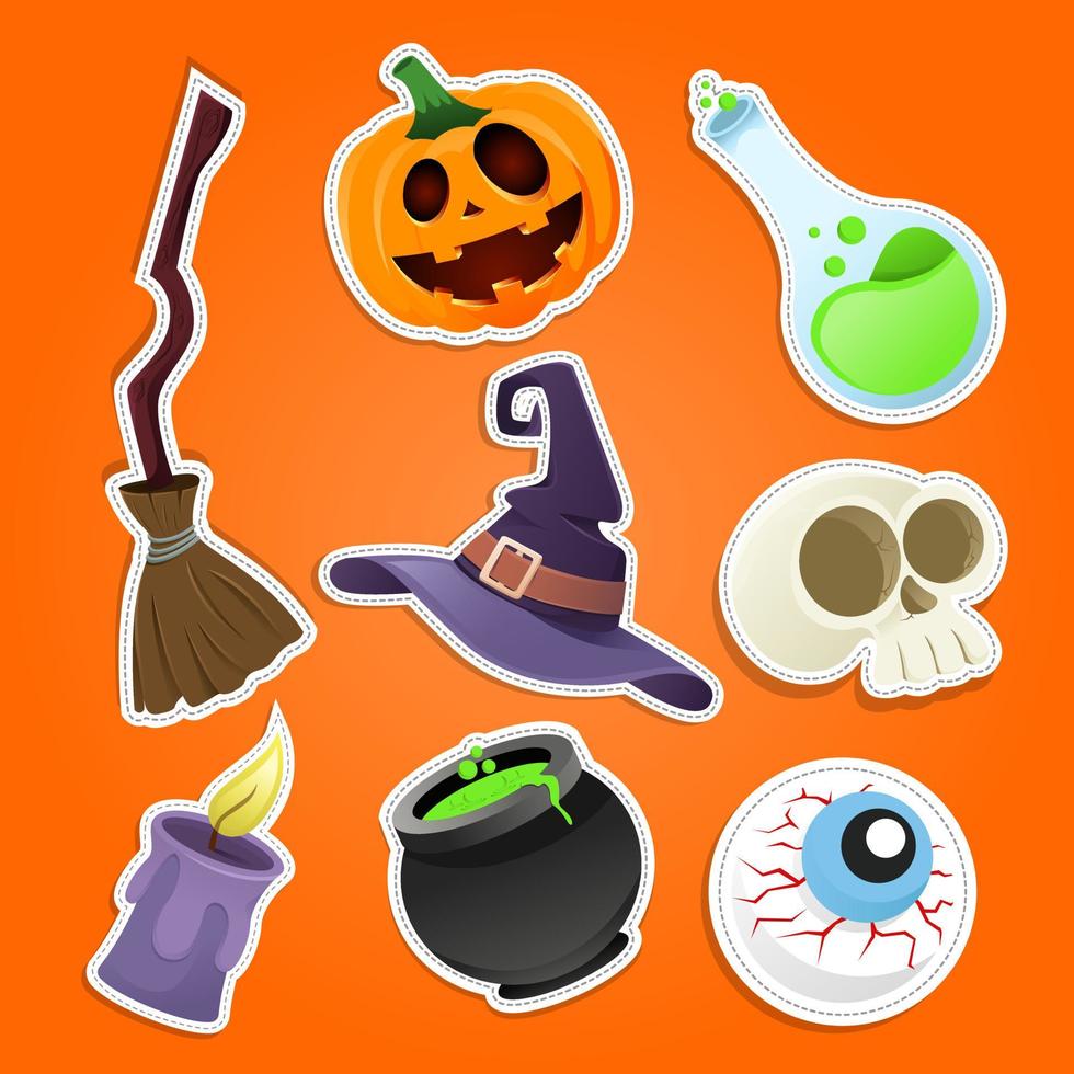 conjunto de parches de halloween con calabaza, zombis y otros elementos. ilustración vectorial aislado sobre fondo blanco. conjunto de pegatinas, pines, parches en estilo cómico de dibujos animados. vector