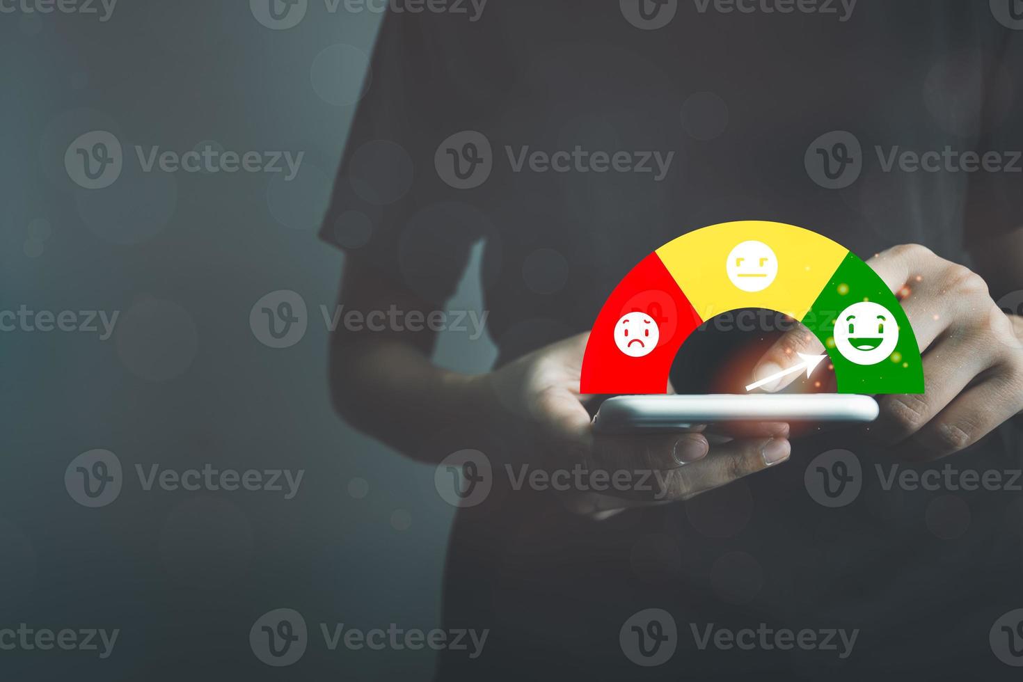 Customer satisfaction very good service with smart phone, impression of take care and attention, choose a smiley face icon, answer the survey, give the highest score, very happy feedback from guest. photo
