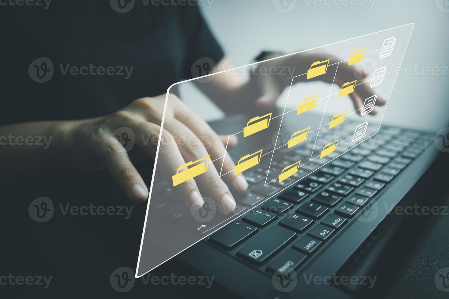 Officer using laptop manage files, Document Management System DMS, Online document database management, automated processes to manage system, ERP enterprise efficient, business technology. photo