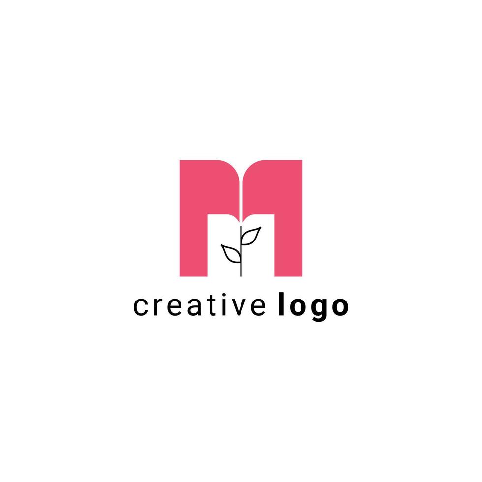 logotipo inspirado en la letra m en color magenta. hay un ícono de planta en la parte inferior que simboliza el aumento y el crecimiento vector