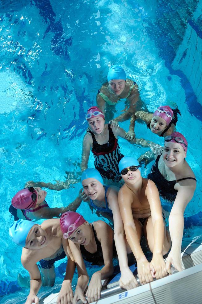 happy children group  at swimming pool photo