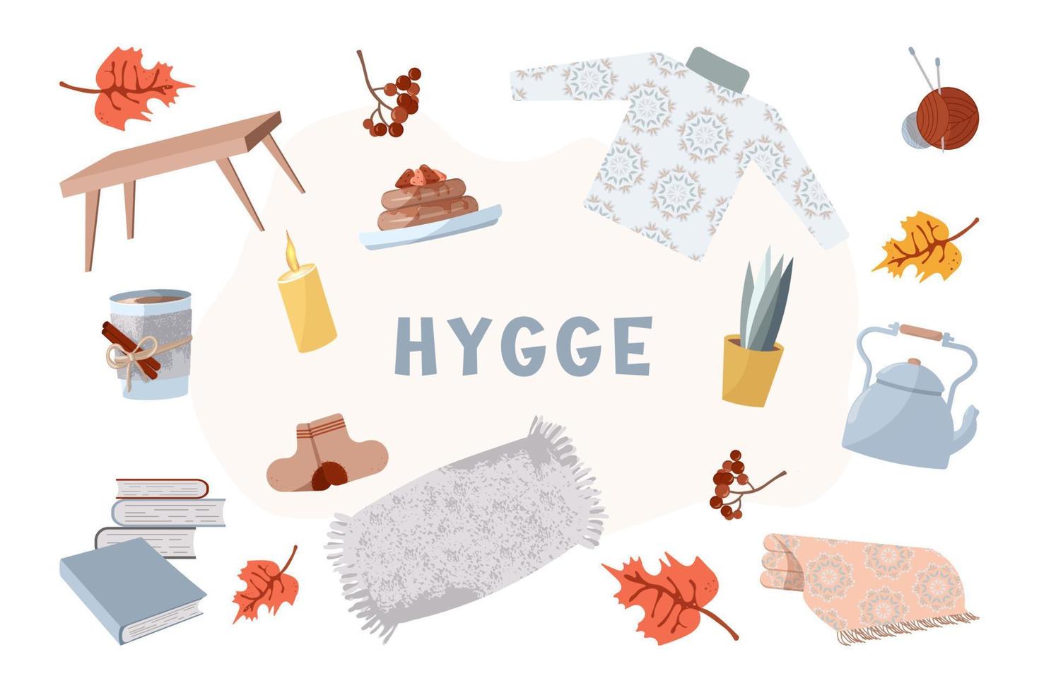 Cute and cozy vector set of interior items, clothes, dishes, food, autumn leaves and berries, cozy autumn season in the style of hugge.