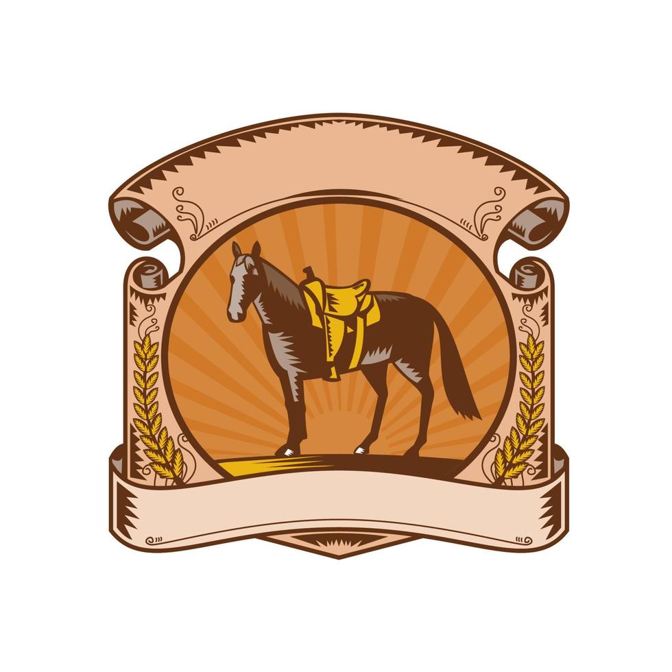 Horse Western Saddle Scroll Woodcut vector