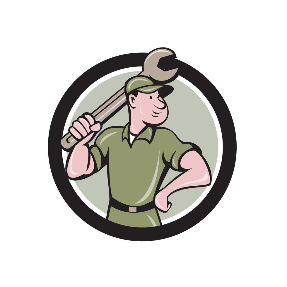 Mechanic Wielding Spanner Circle Cartoon vector