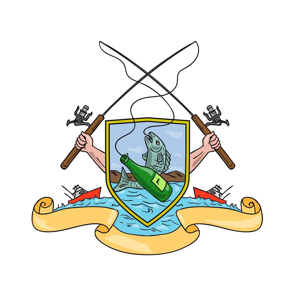 Fishing Rod Reel Hooking Fish Beer Bottle Coat of Arms Drawing vector