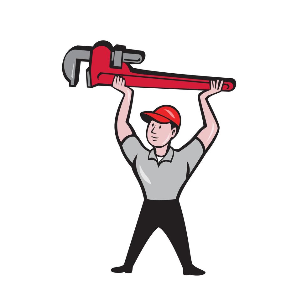 Plumber Lifting Monkey Wrench Cartoon vector