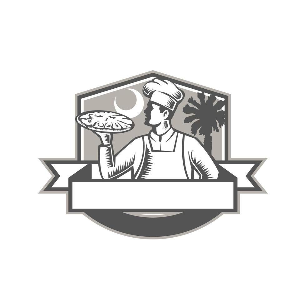 Pizza Chef Pizza Moon Palmetto Tree Shield Retro vector