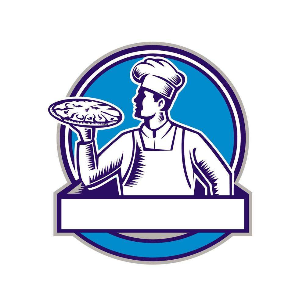 Pizza Chef Serving Pizza Circle Woodcut vector