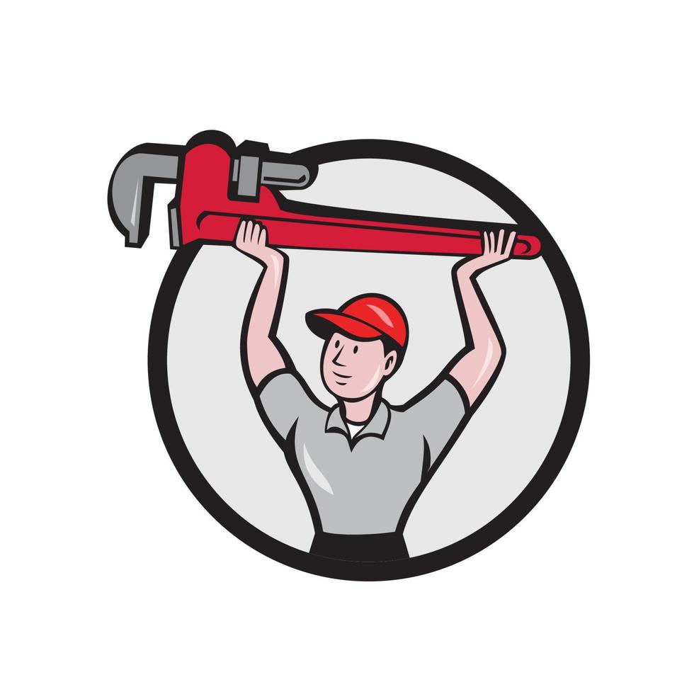 Plumber Lifting Monkey Wrench Circle Cartoon vector