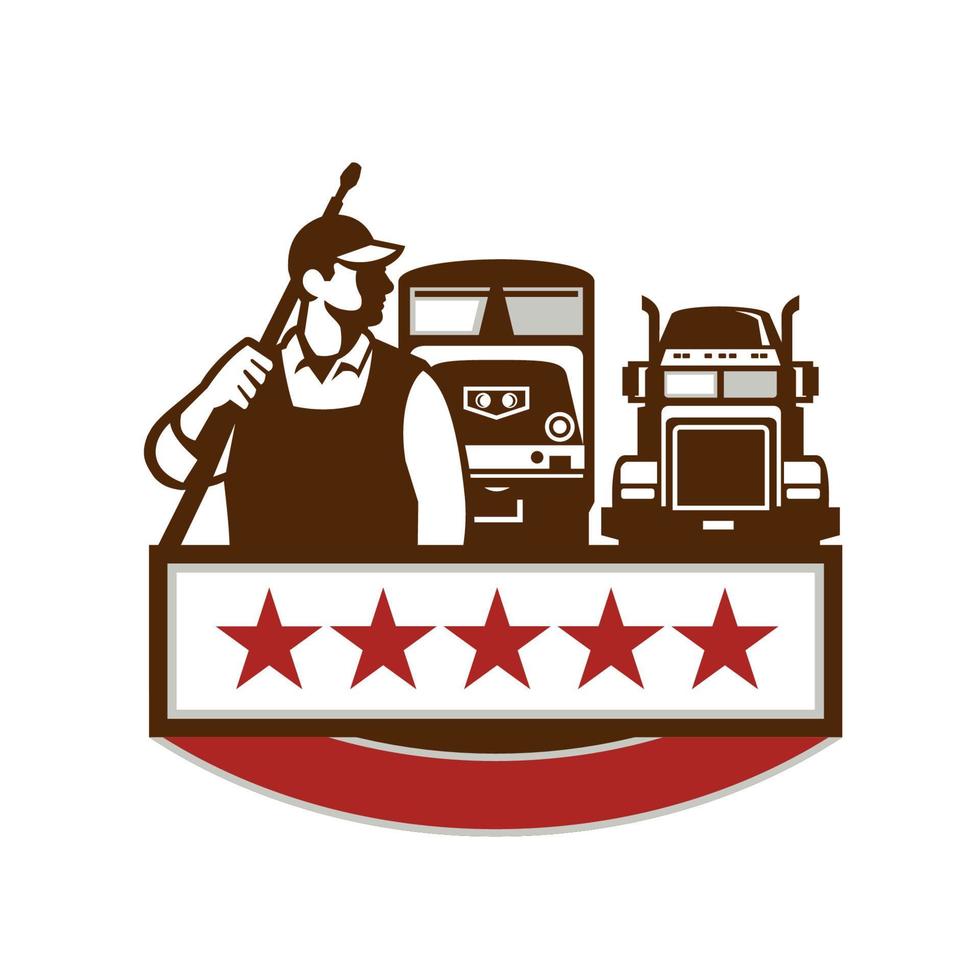 Power Washer Worker Truck Train Stars Retro vector